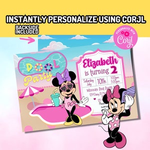 Corjl Minnie Mouse Pool Party birthday digital Invitation INSTANT EDITABLE TEMPLATE