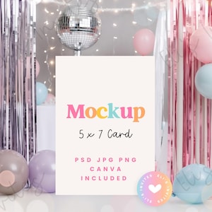 Maqueta de tarjeta Bola de discoteca rápida Linda fiesta de chicas de moda Chica PSD PNG Objeto inteligente Globo neutro Linda invitación Fiesta de chicas Canva JPG
