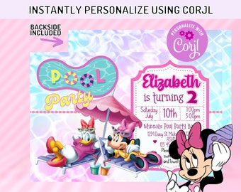 Corjl Minnie Mouse Pool Party birthday digital Invitation INSTANT EDITABLE TEMPLATE