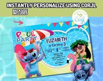 Corjl Lilo und Stitch Pool Party digitale Geburtstagseinladung SOFORT EDITIERBARE VORLAGE