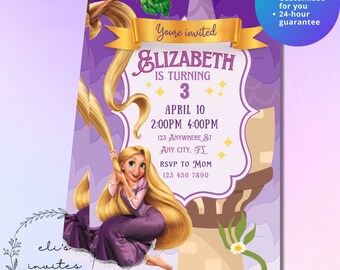 May include: A purple and yellow printable invitation for a 3rd birthday party. The invitation features a cartoon image of Rapunzel from the Disney movie Tangled. The text on the invitation reads "You're invited Elizabeth is turning 3 April 10 2:00PM 4:00PM 123 Anywhere St Any City, FL RSVP to Mom 123 456 7890".