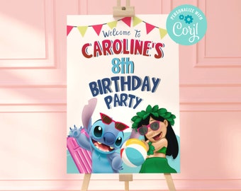 Corjl Lilo and Stitch summer Pool Party digital Sign Poster birthday INSTANT EDITABLE TEMPLATE