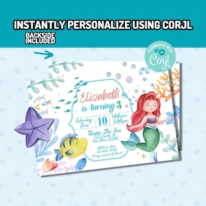 Corjl Little Mermaid Watercolor Baby, kids, Birthday, Baby shower, Invitation, Party Birthday Digital Invitation INSTANT EDITABLE TEMPLATE