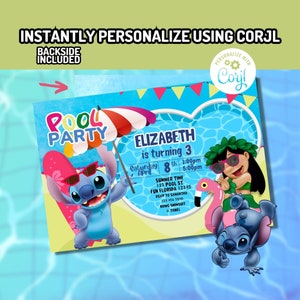 Corjl Lilo and Stitch Pool Party digital birthday invitation INSTANT EDITABLE TEMPLATE
