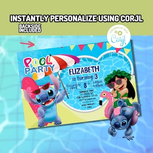 Convite digital de aniversário Corjl Lilo e Stitch Pool Party MODELO EDITÁVEL INSTANTÂNEO