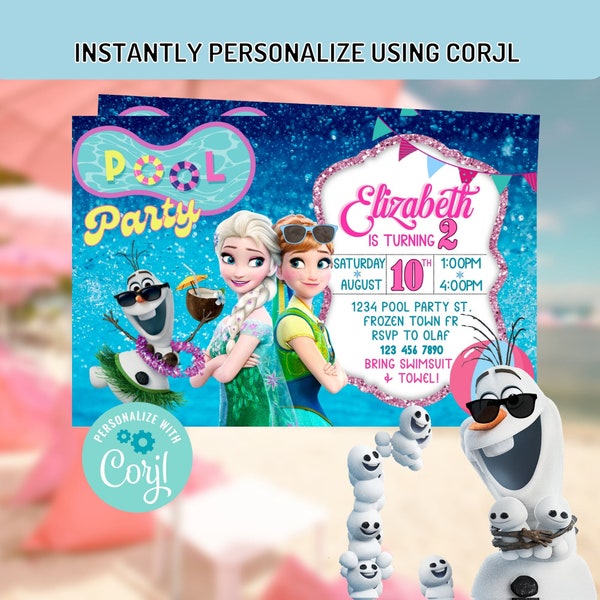 Corjl Frozen Fever summer Pool Party digital birthday invitation INSTANT EDITABLE TEMPLATE