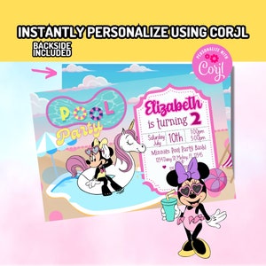 Corjl Minnie Mouse Pool Party birthday digital Invitation INSTANT EDITABLE TEMPLATE