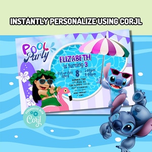 Invito di compleanno digitale Corjl Lilo e Stitch Pool Party MODELLO MODIFICABILE IMMEDIATO