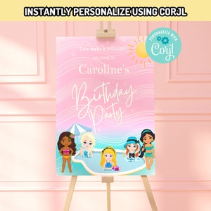Princess Pool Party digital Sign Poster birthday INSTANT EDITABLE TEMPLATE