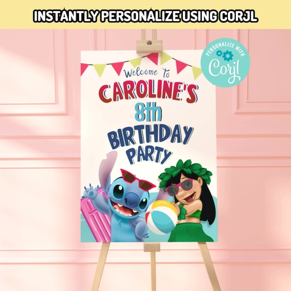 Corjl Lilo and Stitch summer Pool Party digital Sign Poster birthday INSTANT EDITABLE TEMPLATE