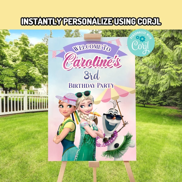 Corjl Frozen Fever summer Pool Party digital Sign Poster birthday INSTANT EDITABLE TEMPLATE