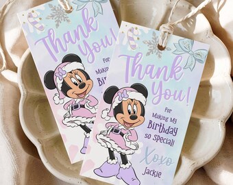 Winter Wonderland Minnie Pastel Party Printable | Pink & Purple Christmas Birthday | Editable Tags Template
