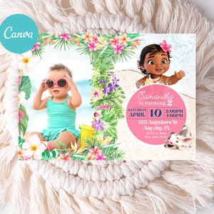 Baby Moana Digital Birthday Invitation - Beach & Ocean Theme - Printable Custom Invitation Canva Instant Download Mobile or Print