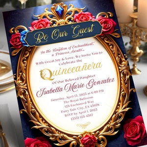 Beauty & The Beast Inspired Belle Quinceañera Invitation | Self-Editable Printable Digital File | Customizable Disney-Inspired Party Invite