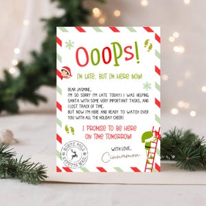 May include: A festive holiday card with the text "Ooops! I'm late, but I'm here now!" in red and green. The card includes a message from "Cinnamon" and a North Pole Express Mail stamp, perfect for holiday greetings.