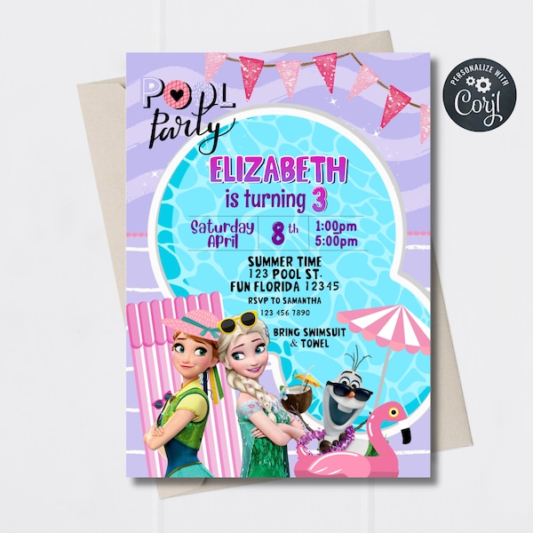 Corjl Frozen Summer Pool Party Birthday Digital Invitation INSTANT EDITABLE TEMPLATE