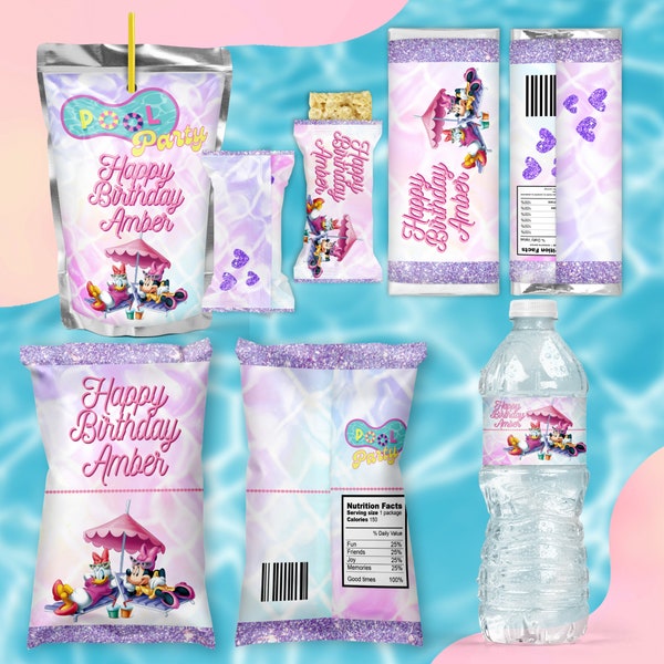 Digital Download Minnie Mouse Pool Party party goods bundle Rice Krispy water bottles chip bags kit kat candy bar juice pouch bundle