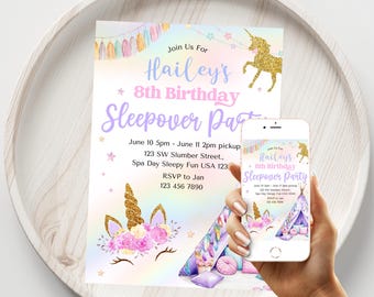 Unicorn Sleepover Invitation – Rainbow Birthday Party, Editable 5x7 (Digital Download)