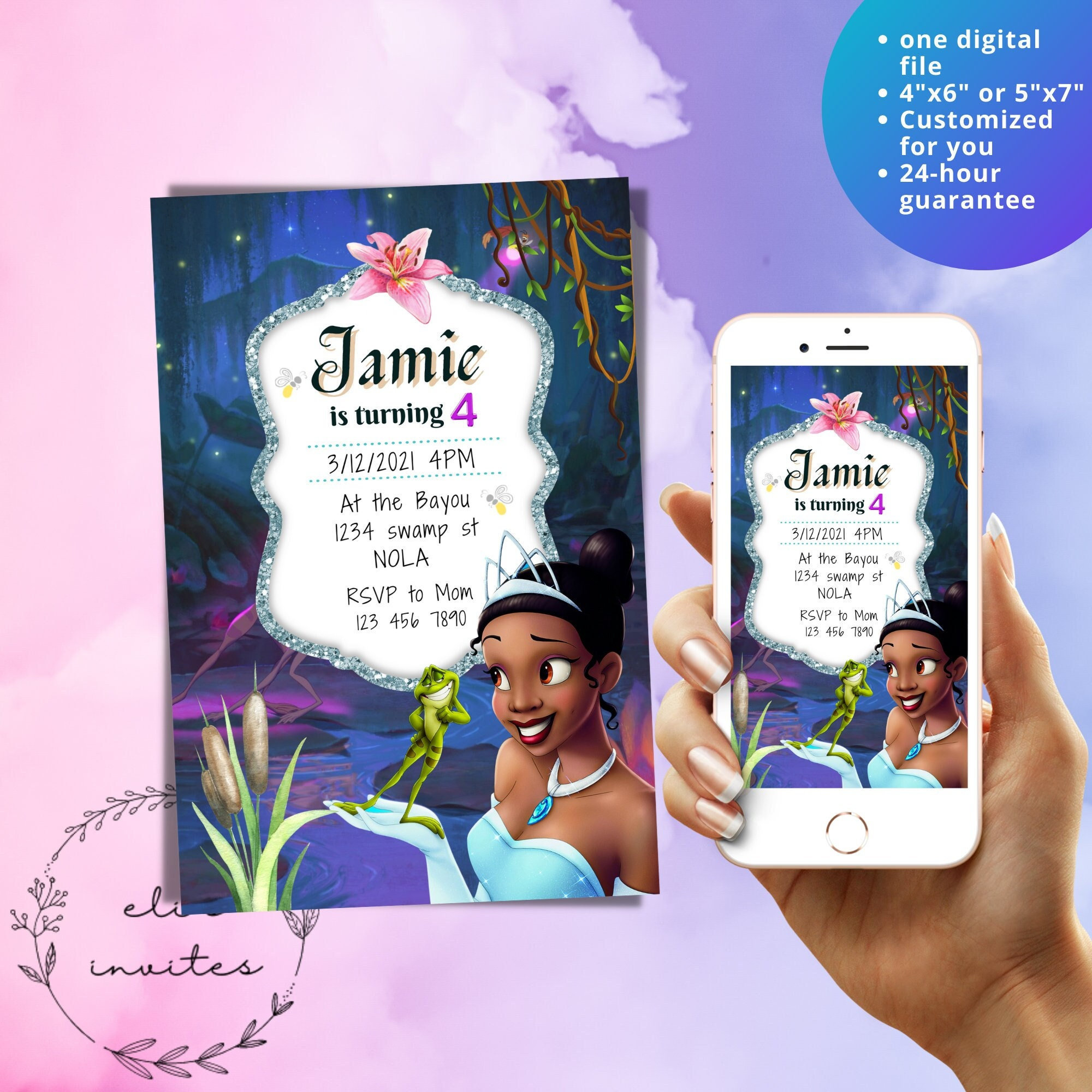 Tiana princess and the frog birthday digital Invitation