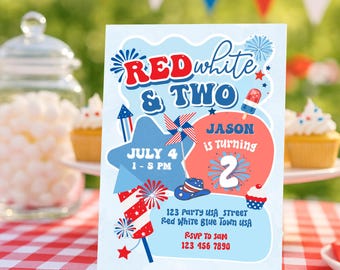 Invitación de cumpleaños con texto en rojo, blanco y dos letras / Invitación patriótica para segundo cumpleaños (Descarga digital)
