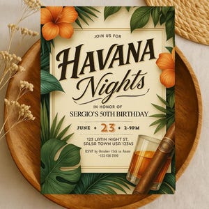 Invito Havana Nights - Invito modificabile per feste di compleanno per qualsiasi età - Download immediato, tema tropicale cubano, stampa a casa in PDF