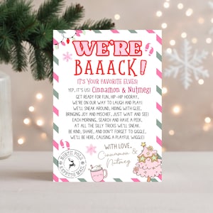 Op de afbeelding: Een feestelijke kerstkaart met de tekst "WE'RE BAAACK!" in roze en rood. De kaart toont een roze kerstboom, een mok warme chocolademelk en de namen "Cinnamon & Nutmeg". De kaart is versierd met sneeuwvlokken en zuurstokstrepen.