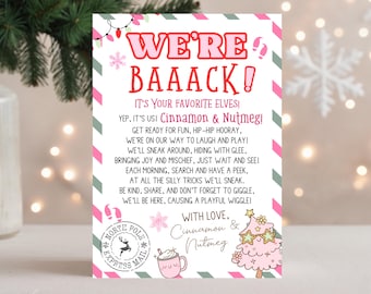 May include: A festive Christmas card with the text "WE'RE BAAACK!" in pink and red. The card features a pink Christmas tree, a mug of hot cocoa, and the names "Cinnamon & Nutmeg." The card is decorated with snowflakes and candy cane stripes.