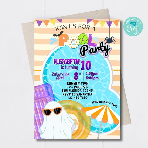 Corjl Halloween Pool Party Digital Birthday Invitation INSTANT EDITABLE TEMPLATE