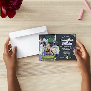 May include: A purple and black birthday party invitation with a cartoon image of Disney villains, including Maleficent, Cruella de Vil, and Ursula. The text on the invitation reads "Samantha's Villain Birthday Party, Sunday, October 21st, 12:00-4:00PM, 123 Spooky Ln, Halloween Town, USA, RSVP to Mommy, 123-456-7890".