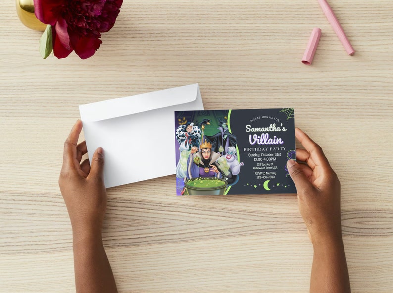 May include: A purple and black birthday party invitation with a cartoon image of Disney villains, including Maleficent, Cruella de Vil, and Ursula. The text on the invitation reads "Samantha's Villain Birthday Party, Sunday, October 21st, 12:00-4:00PM, 123 Spooky Ln, Halloween Town, USA, RSVP to Mommy, 123-456-7890".