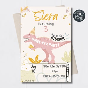 Corjl Three-Rex, 3-rex, 3 rex, three rex Dinosaur Birthday Digital Invitation INSTANT EDITABLE TEMPLATE
