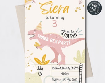 Corjl Three-Rex, 3-rex, 3 rex, three rex Dinosaur Birthday Digital Invitation INSTANT EDITABLE TEMPLATE