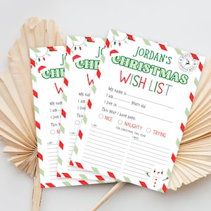 May include: Three Christmas wish list sheets with a festive design. Each sheet has a red and green border, the text "Jordan's Christmas Wish List", and spaces to fill in personal information. A snowman graphic is at the bottom.
