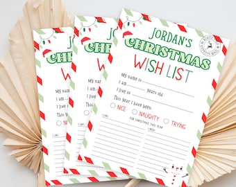 May include: Three Christmas wish list sheets with a festive design. Each sheet has a red and green border, the text "Jordan's Christmas Wish List", and spaces to fill in personal information. A snowman graphic is at the bottom.