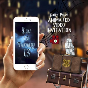 Potter, Wizards video-uitnodiging, geanimeerde uitnodigingen heksen en tovenaar verjaardag video-uitnodiging, kinderverjaardagsuitnodiging