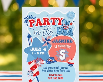 4th of July Birthday Invitation | Patriotic Party, Red White Blue (Digital Download)