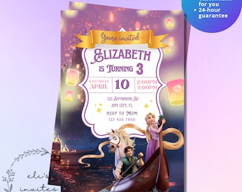 May include: Purple and gold birthday invitation featuring Rapunzel and Flynn Rider from the film Tangled. The invitation reads "You're invited Elizabeth is turning 3" with the date and time of the party.