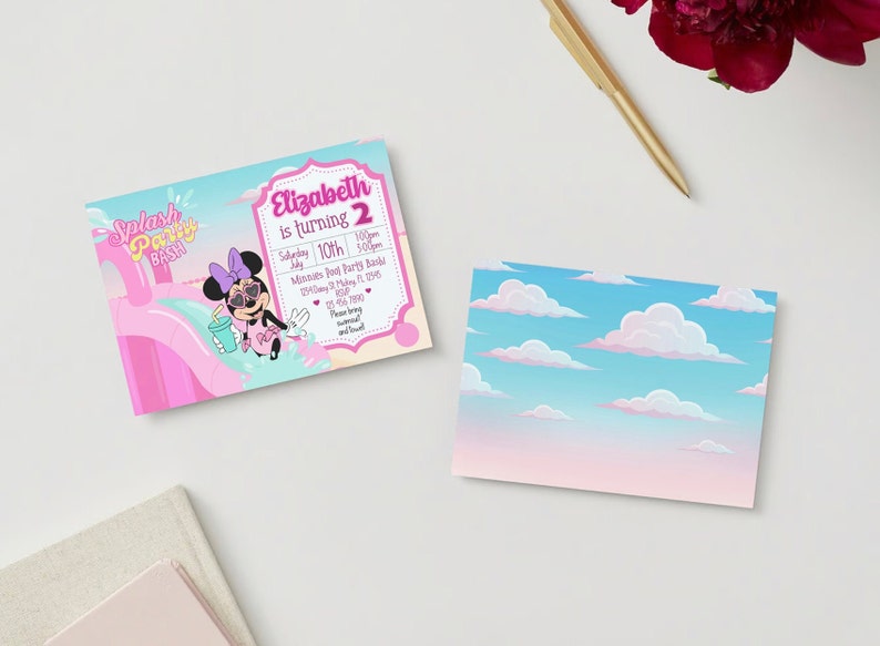 May include: A pink and blue invitation featuring a cartoon image of Minnie Mouse wearing sunglasses and holding a drink. The text on the invitation reads "Splash Party Bash" and "Elizabeth is turning 2".