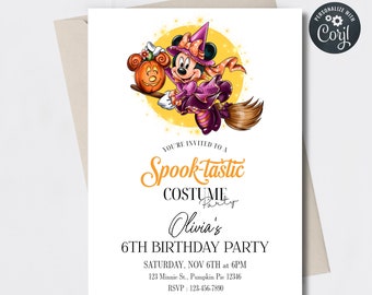 May include: A Halloween-themed birthday party invitation featuring a cartoon character dressed as a witch, holding a pumpkin. The invitation text reads "Spook-tastic Costume Party" and includes party details.