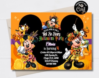 May include: Halloween party invitation featuring Mickey Mouse, Minnie Mouse, Goofy, Pluto, and Donald Duck. The invitation has an orange background with black Mickey Mouse ears and the text "Not So Scary Halloween Party". The invitation is for Olivia's 4th birthday.