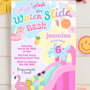 Inbjudan till födelsedag för vattenrutschkana | Poolparty Canva-mall (5x7 direktnedladdning)