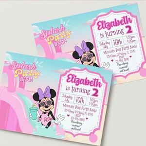 May include: A pink and blue invitation featuring a cartoon image of Minnie Mouse wearing sunglasses and a swimsuit. The invitation is for a pool party for a girl turning two. The text on the invitation reads "Splash Party Bash" and "Elizabeth is turning 2".