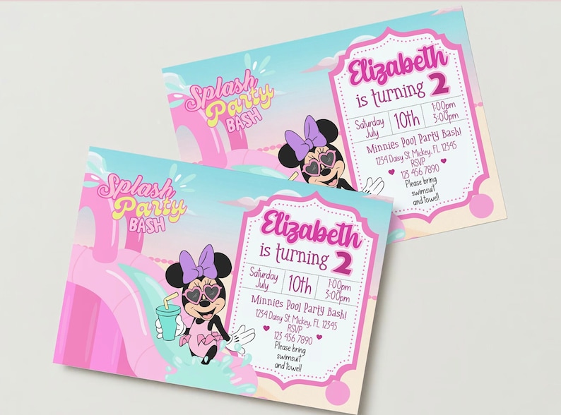 May include: A pink and blue invitation featuring a cartoon image of Minnie Mouse wearing sunglasses and a swimsuit. The invitation is for a pool party for a girl turning two. The text on the invitation reads "Splash Party Bash" and "Elizabeth is turning 2".