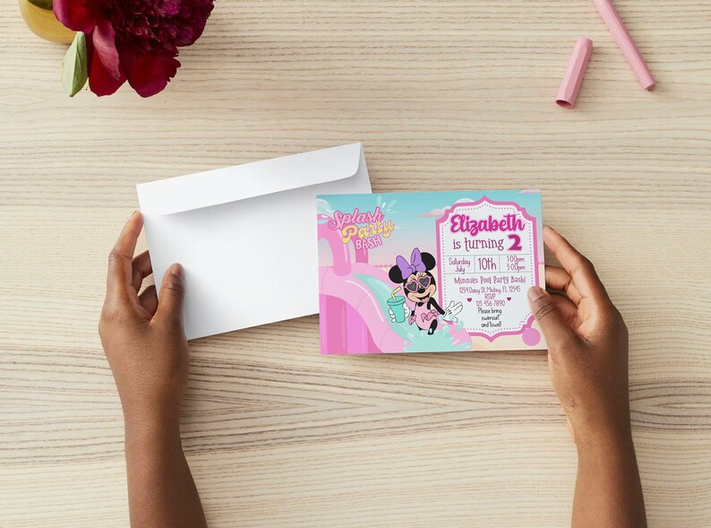 May include: A pink and blue invitation card featuring a cartoon character of Minnie Mouse wearing sunglasses and a pink swimsuit. The text on the card reads "Splash Party Bash" and "Elizabeth is turning 2".