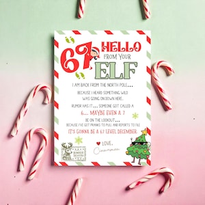 May include: A Christmas-themed greeting card with the text "Hello From Your Elf" and candy canes. The card has a red and green border and features a cartoon elf and Christmas tree. The background is pink.