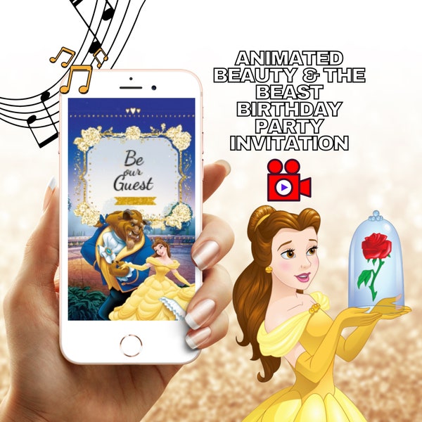 English or Spanish Beauty and the Beast Belle Animated Birthday Invitation