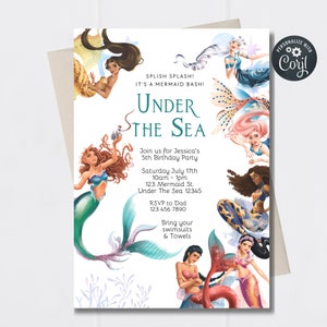 Corjl Little Mermaid, Under the sea, Mermaid, splish splash, Party Birthday Digital Invitation INSTANT EDITABLE TEMPLATE