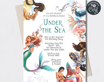 Zaproszenie urodzinowe z motywem Małej Syrenki, Pod wodą, Szablon do edycji (Pobierz cyfrowo)