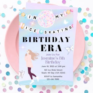 May include: A purple and blue birthday invitation featuring a disco ball and a girl ice skating. The invitation reads "Join Us For Jasmine's 8th Birthday" and includes the date, time, location, and RSVP details.
