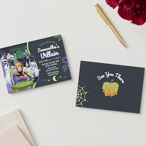 May include: A Halloween-themed birthday party invitation featuring a cartoon image of Disney villains, including Maleficent, Cruella de Vil, and Ursula. The invitation is black with purple and green accents and includes the text "Samantha's Villain Birthday Party" and the date and time of the party.